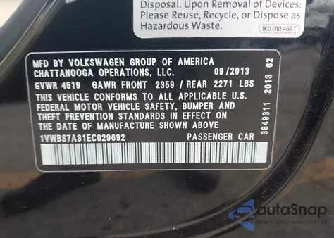 2014 Volkswagen Passat 1.8T Se z USA, uszkodzony, nr VIN 1VWBS7A31EC029692